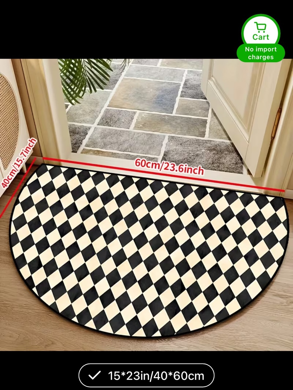 Black and Cream Checkered Half-Round Bath Mat